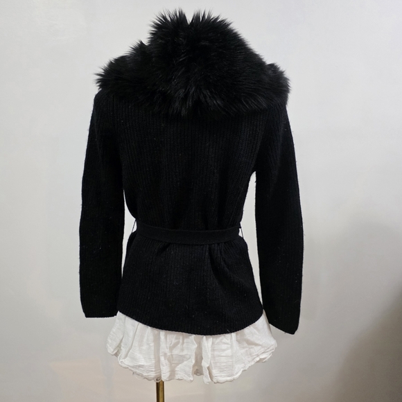 Guess Los Angeles dark black vintage wool faux fur wrap cardigan with tie - Picture 4 of 7